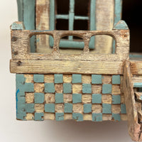Amazing Old Scratch Built Wooden Folk Art House Bank with Checkerboard Roof, Opening Door and Intensively Carved Details