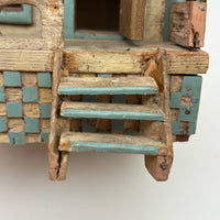 Amazing Old Scratch Built Wooden Folk Art House Bank with Checkerboard Roof, Opening Door and Intensively Carved Details