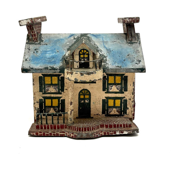 Wonderful Old Scratch Made Elaborately Painted Tin House Still Bank with Wild Chimneys