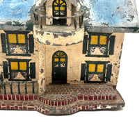 Wonderful Old Scratch Made Elaborately Painted Tin House Still Bank with Wild Chimneys