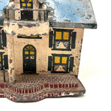Wonderful Old Scratch Made Elaborately Painted Tin House Still Bank with Wild Chimneys