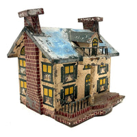 Wonderful Old Scratch Made Elaborately Painted Tin House Still Bank with Wild Chimneys