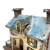 Wonderful Old Scratch Made Elaborately Painted Tin House Still Bank with Wild Chimneys