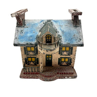 Wonderful Old Scratch Made Elaborately Painted Tin House Still Bank with Wild Chimneys