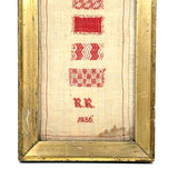 RR's 1836 Red and White Darning Sampler on Homespun Linen in Period Gilded Frame with Original Glass