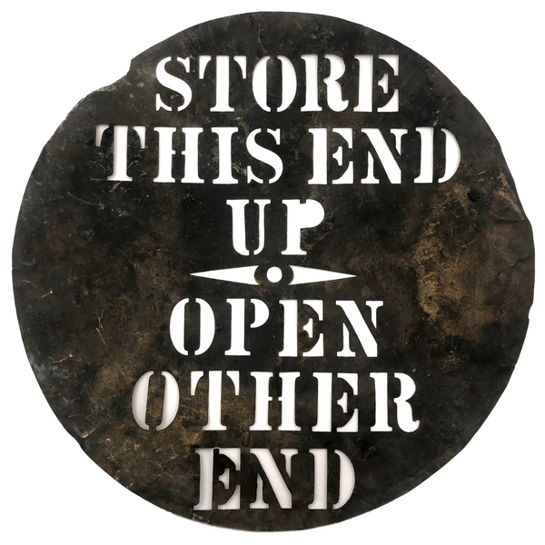 Store with This End Up, Antique Brass Barrel Stencil