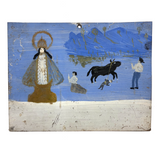 Ultra Naive Folk Art Retablo on Tin with Bull Dragging Little Man