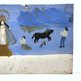 Ultra Naive Folk Art Retablo on Tin with Bull Dragging Little Man