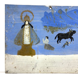 Ultra Naive Folk Art Retablo on Tin with Bull Dragging Little Man