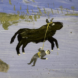 Ultra Naive Folk Art Retablo on Tin with Bull Dragging Little Man