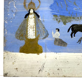 Ultra Naive Folk Art Retablo on Tin with Bull Dragging Little Man