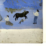 Ultra Naive Folk Art Retablo on Tin with Bull Dragging Little Man