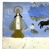 Ultra Naive Folk Art Retablo on Tin with Bull Dragging Little Man