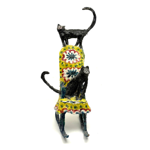 Funny Faced Cats on Cheerful Yellow Rocker, Vintage Folk Art Papier Mache Sculpture