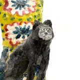 Funny Faced Cats on Cheerful Yellow Rocker, Vintage Folk Art Papier Mache Sculpture