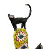 Funny Faced Cats on Cheerful Yellow Rocker, Vintage Folk Art Papier Mache Sculpture