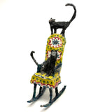 Funny Faced Cats on Cheerful Yellow Rocker, Vintage Folk Art Papier Mache Sculpture