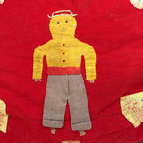 Boy with Hat and Tiny Horse, Best c. 1940s Folk Art Feather Stuffed Red Wool Pillow with Appliqué and Embroidery