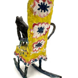 Funny Faced Cats on Cheerful Yellow Rocker, Vintage Folk Art Papier Mache Sculpture