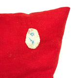 Boy with Hat and Tiny Horse, Best c. 1940s Folk Art Feather Stuffed Red Wool Pillow with Appliqué and Embroidery