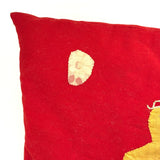 Boy with Hat and Tiny Horse, Best c. 1940s Folk Art Feather Stuffed Red Wool Pillow with Appliqué and Embroidery