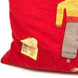 Boy with Hat and Tiny Horse, Best c. 1940s Folk Art Feather Stuffed Red Wool Pillow with Appliqué and Embroidery