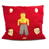 Boy with Hat and Tiny Horse, Best c. 1940s Folk Art Feather Stuffed Red Wool Pillow with Appliqué and Embroidery