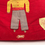 Boy with Hat and Tiny Horse, Best c. 1940s Folk Art Feather Stuffed Red Wool Pillow with Appliqué and Embroidery