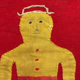 Boy with Hat and Tiny Horse, Best c. 1940s Folk Art Feather Stuffed Red Wool Pillow with Appliqué and Embroidery