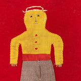 Boy with Hat and Tiny Horse, Best c. 1940s Folk Art Feather Stuffed Red Wool Pillow with Appliqué and Embroidery