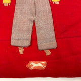 Boy with Hat and Tiny Horse, Best c. 1940s Folk Art Feather Stuffed Red Wool Pillow with Appliqué and Embroidery
