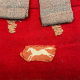 Boy with Hat and Tiny Horse, Best c. 1940s Folk Art Feather Stuffed Red Wool Pillow with Appliqué and Embroidery