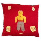Boy with Hat and Tiny Horse, Best c. 1940s Folk Art Feather Stuffed Red Wool Pillow with Appliqué and Embroidery
