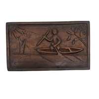 Small Double Sided Relief Carved Panel with Canoeing Figure, House and Animals