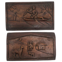 Small Double Sided Relief Carved Panel with Canoeing Figure, House and Animals