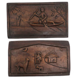 Small Double Sided Relief Carved Panel with Canoeing Figure, House and Animals