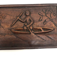 Small Double Sided Relief Carved Panel with Canoeing Figure, House and Animals