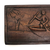 Small Double Sided Relief Carved Panel with Canoeing Figure, House and Animals