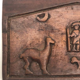 Small Double Sided Relief Carved Panel with Canoeing Figure, House and Animals