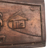 Small Double Sided Relief Carved Panel with Canoeing Figure, House and Animals