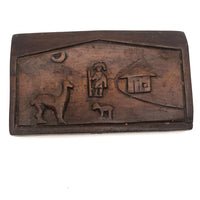 Small Double Sided Relief Carved Panel with Canoeing Figure, House and Animals
