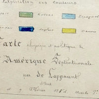 Beautifully Executed, Large Ink and Watercolor Manuscript Map of North America, 1854, French Canadian