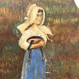 Girl in Blue and White with Pail and Milking Stool, Wonderful Antique Folk Art Painting on Artist Palette