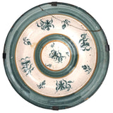 Large Early Green and White Hand-painted Faience Platter with Staple Repair and Tin Strap Hanger