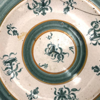 Large Early Green and White Hand-painted Faience Platter with Staple Repair and Tin Strap Hanger