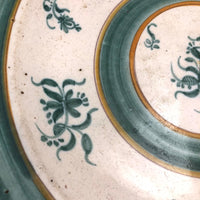 Large Early Green and White Hand-painted Faience Platter with Staple Repair and Tin Strap Hanger
