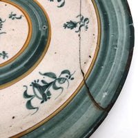Large Early Green and White Hand-painted Faience Platter with Staple Repair and Tin Strap Hanger