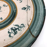 Large Early Green and White Hand-painted Faience Platter with Staple Repair and Tin Strap Hanger