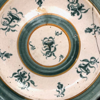 Large Early Green and White Hand-painted Faience Platter with Staple Repair and Tin Strap Hanger