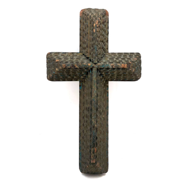 Thick Antique Chip Carved, Gold Painted Tramp Art Cross